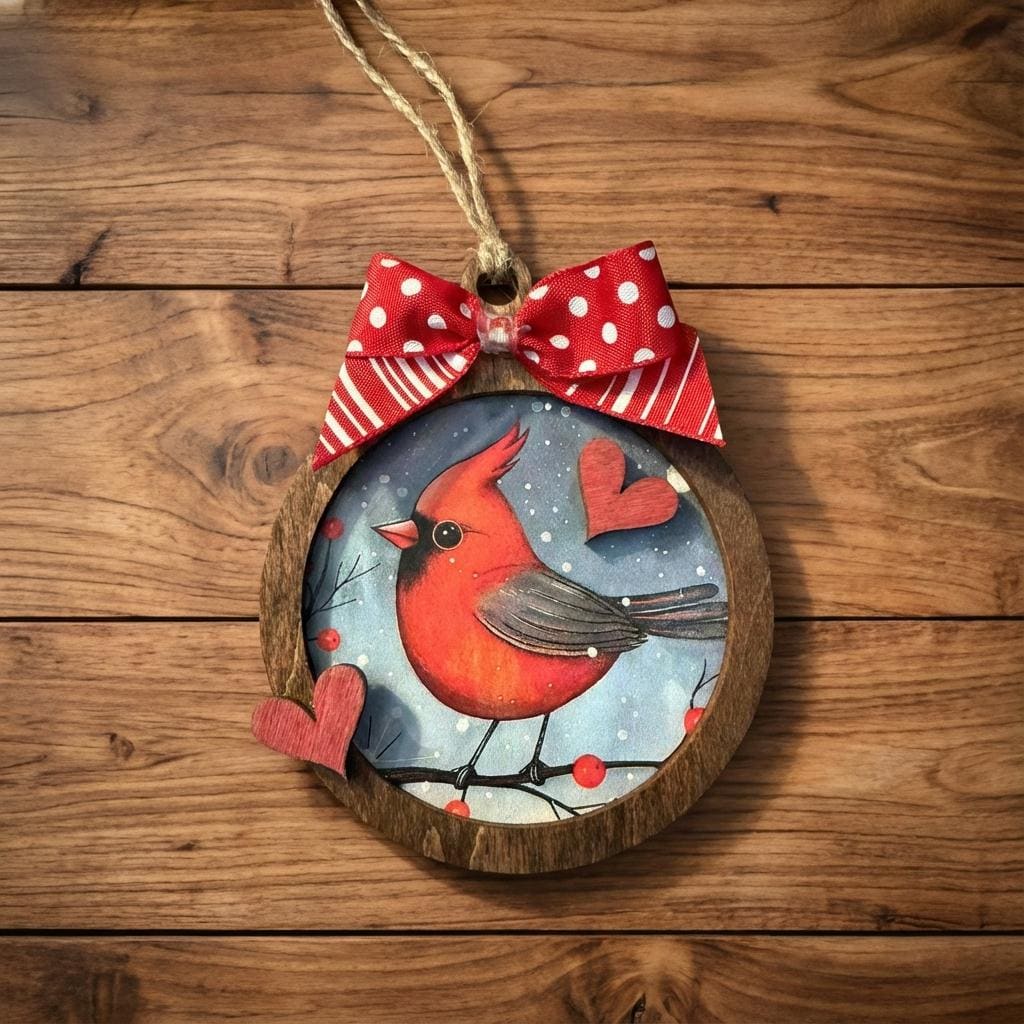 Rustic Cardinal Christmas Ornament • 3 Inch Round Wooden Ornament with Bow • Winter Bird Holiday Decor • Handmade Farmhouse Tree Ornament
