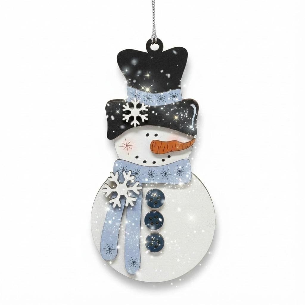 Handmade Snowman Christmas Ornament – Light Blue Scarf Rustic Winter Decor | Layered Wood Snowman | Farmhouse Holiday Ornament Gift