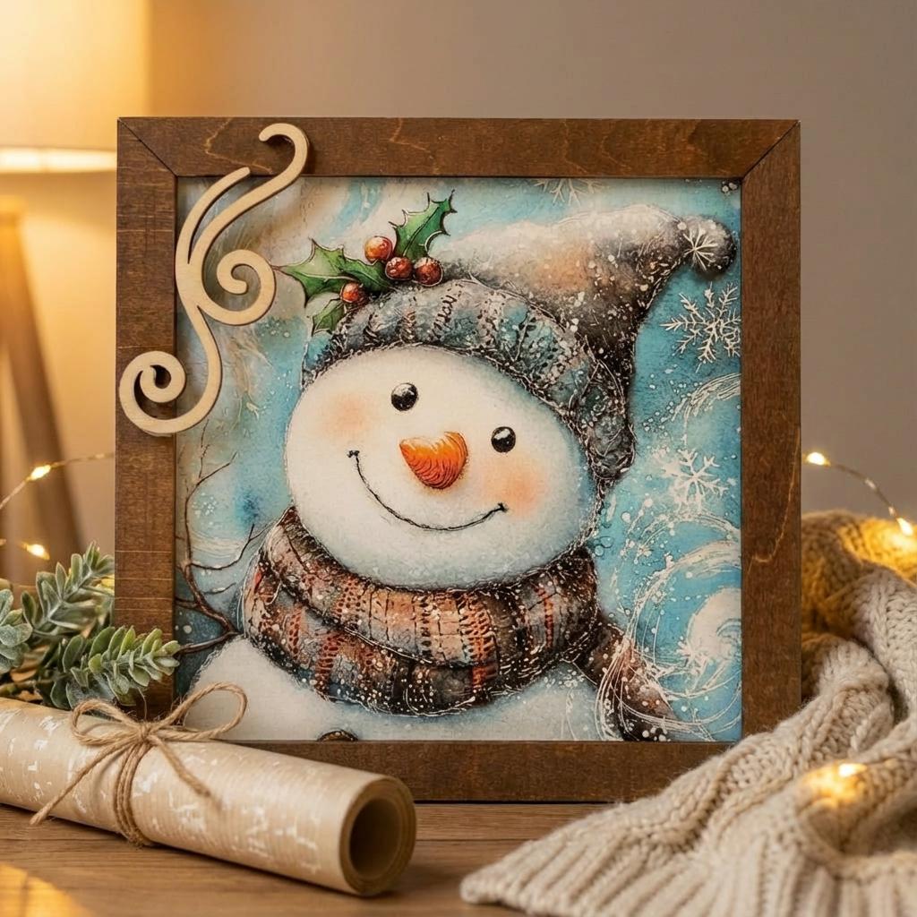 Snowman Art Sign 5.5 Inch – Rustic Farmhouse Winter Decor, Framed Snowman Wall Art, Cozy Christmas Shelf Sign, Handmade Wood Art