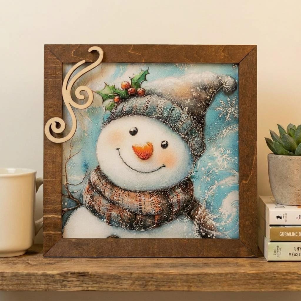 Snowman Art Sign 5.5 Inch – Rustic Farmhouse Winter Decor, Framed Snowman Wall Art, Cozy Christmas Shelf Sign, Handmade Wood Art