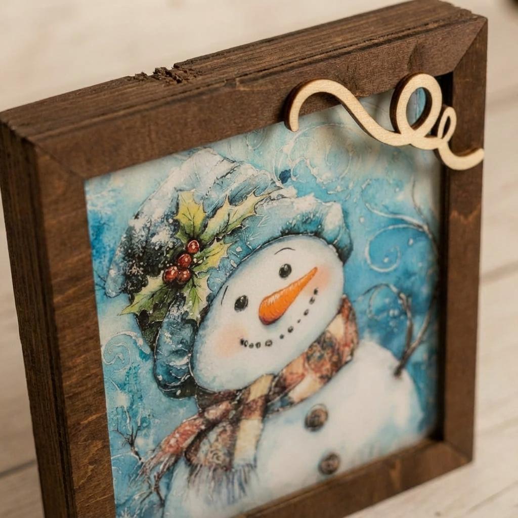 Snowman Art Sign 5.5 Inch – Rustic Farmhouse Winter Decor, Framed Snowman Wall Art, Cozy Christmas Shelf Sign, Handmade Wood Art