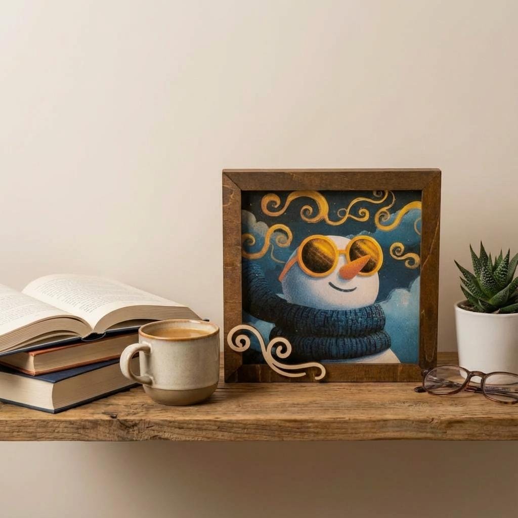 Snowman Art Sign 5.5 Inch – Rustic Farmhouse Winter Decor, Framed Snowman Wall Art, Cozy Christmas Shelf Sign, Handmade Wood Art