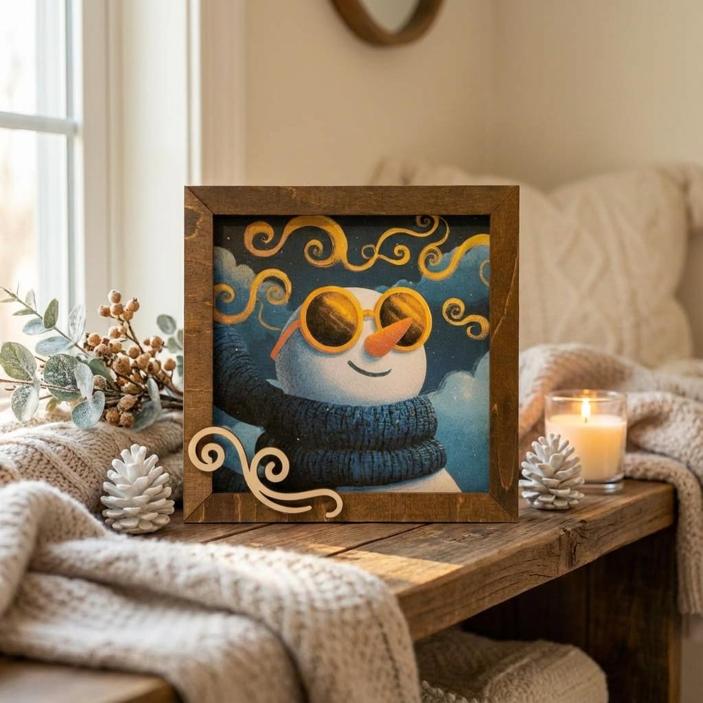 Snowman Art Sign 5.5 Inch – Rustic Farmhouse Winter Decor, Framed Snowman Wall Art, Cozy Christmas Shelf Sign, Handmade Wood Art