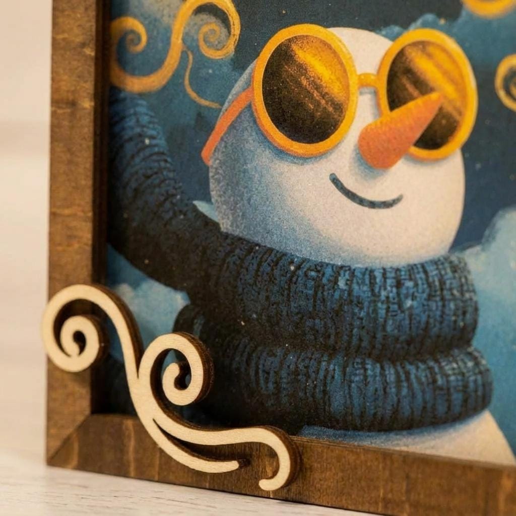 Snowman Art Sign 5.5 Inch – Rustic Farmhouse Winter Decor, Framed Snowman Wall Art, Cozy Christmas Shelf Sign, Handmade Wood Art
