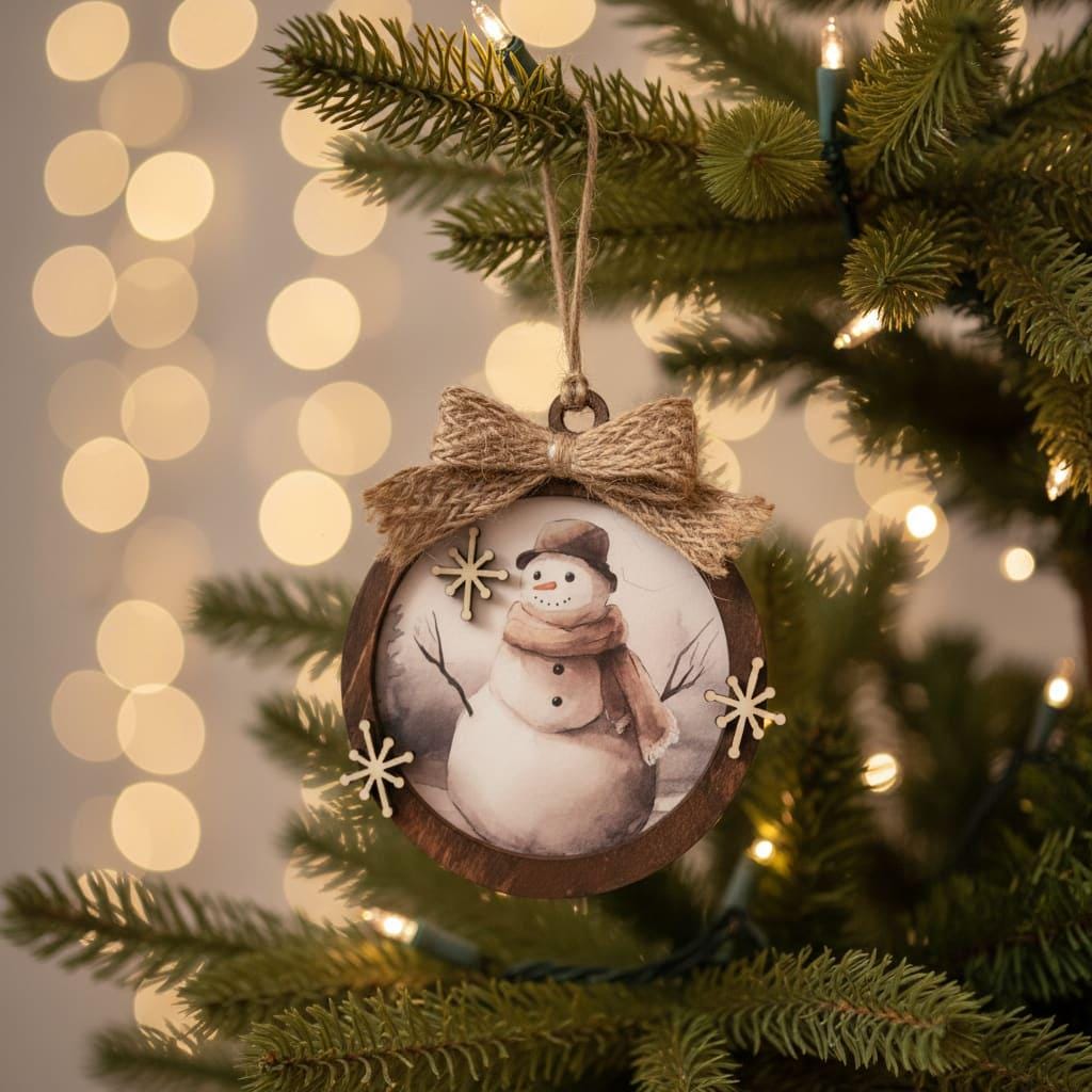 Rustic Snowman Christmas Ornament • Farmhouse Winter Decor • Layered Wood Ornament with Burlap Bow • Neutral Holiday Tree Decoration