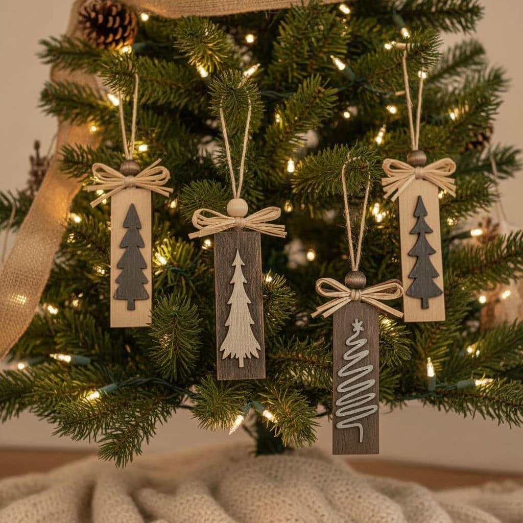 Rustic Christmas Tree Ornaments - Grays and Browns Stained Vintage Single or Bulk Winter Tree Holiday Ornament Handcrafted Bulk Wholesale