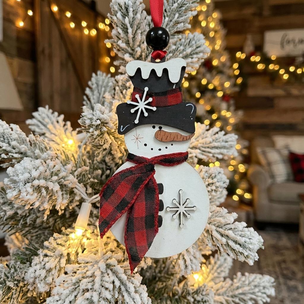 Buffalo Plaid Snowman Ornament – Rustic Farmhouse Christmas Ornament – Wooden Snowman Decor – Winter Holiday Gift – Handmade Tree Ornament
