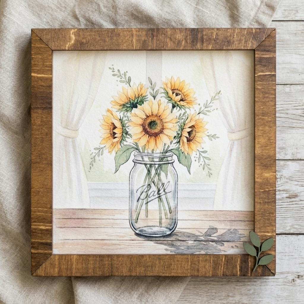 Sunflower Art Sign – Rustic Mason Jar Floral Wall Decor – 5.5” Framed Wood Sign with Leaf Embellishment – Garden Jar Art Signs