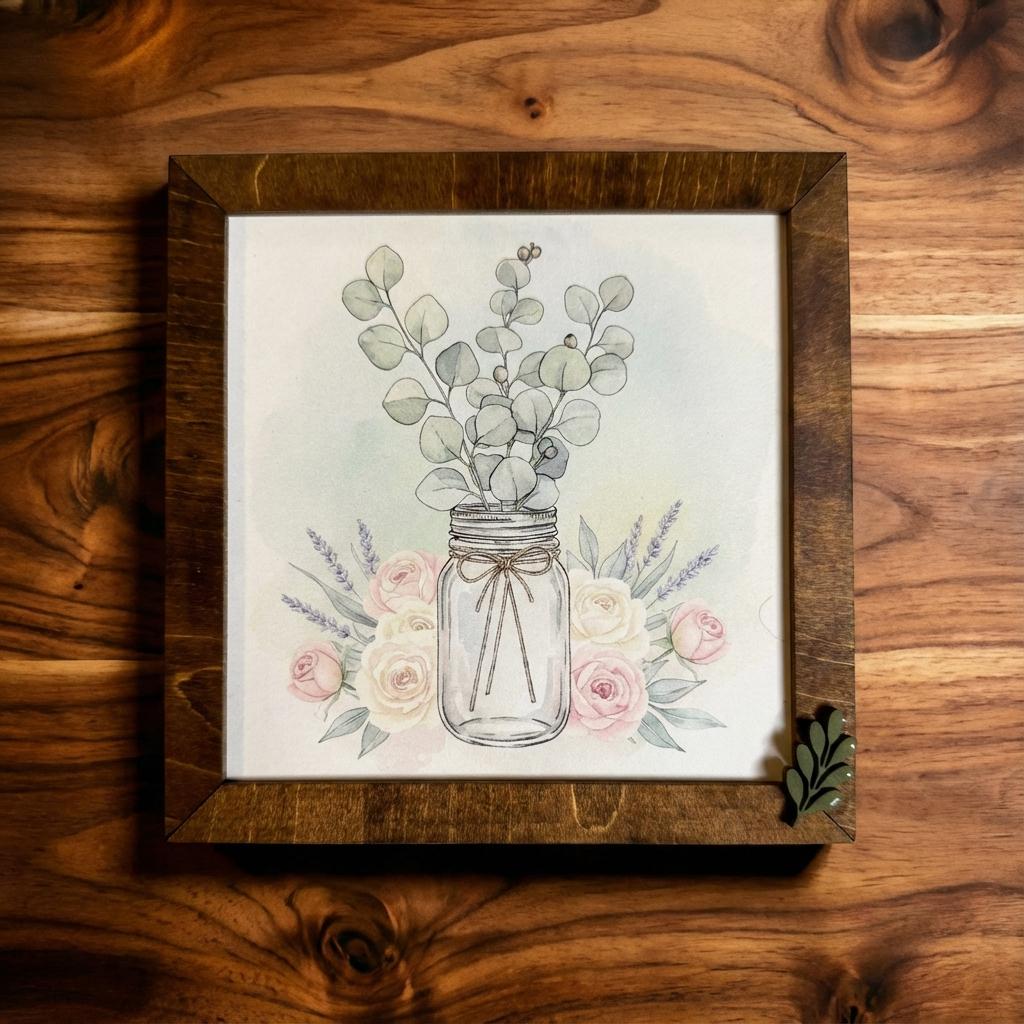 Eucalyptus Mason Jar Art Sign • Farmhouse Wood Frame Decor