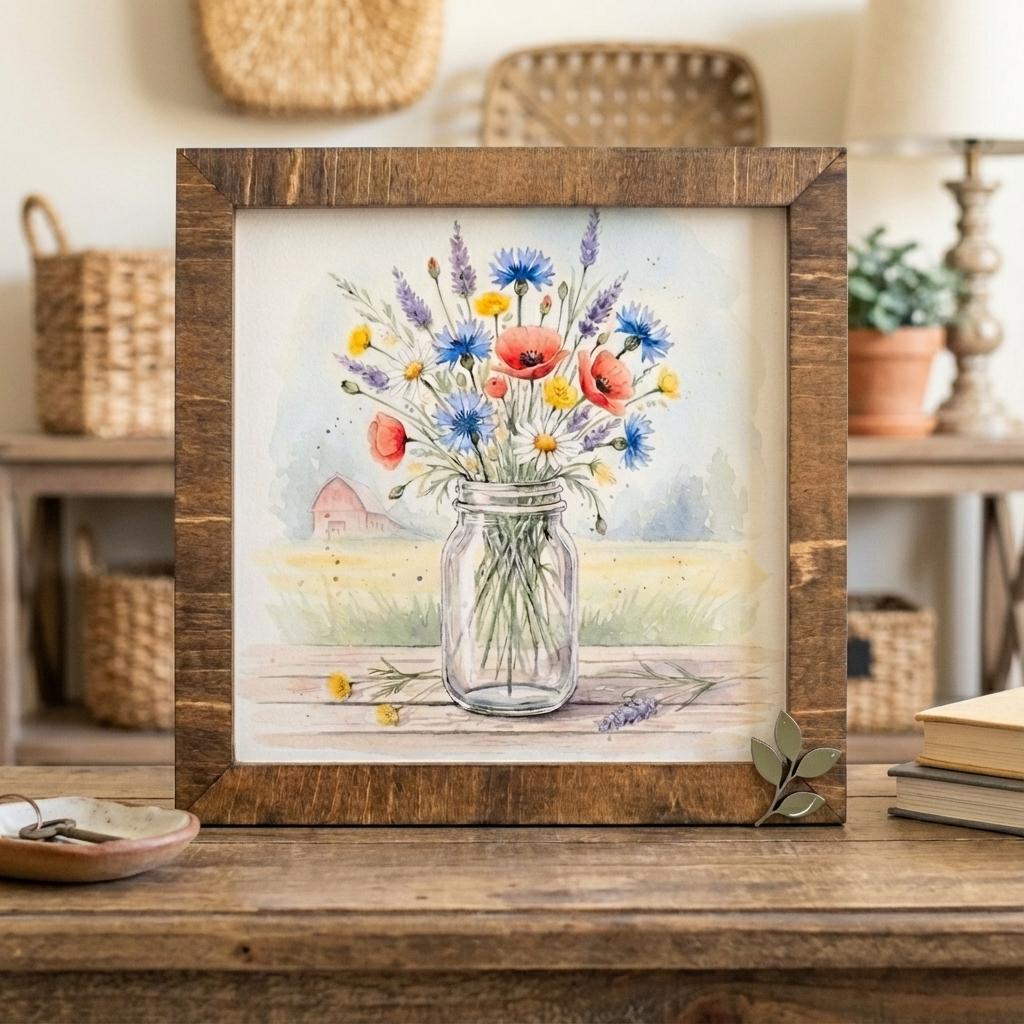 Floral Mason Jar Watercolor Wood Sign • Rustic Farmhouse Decor