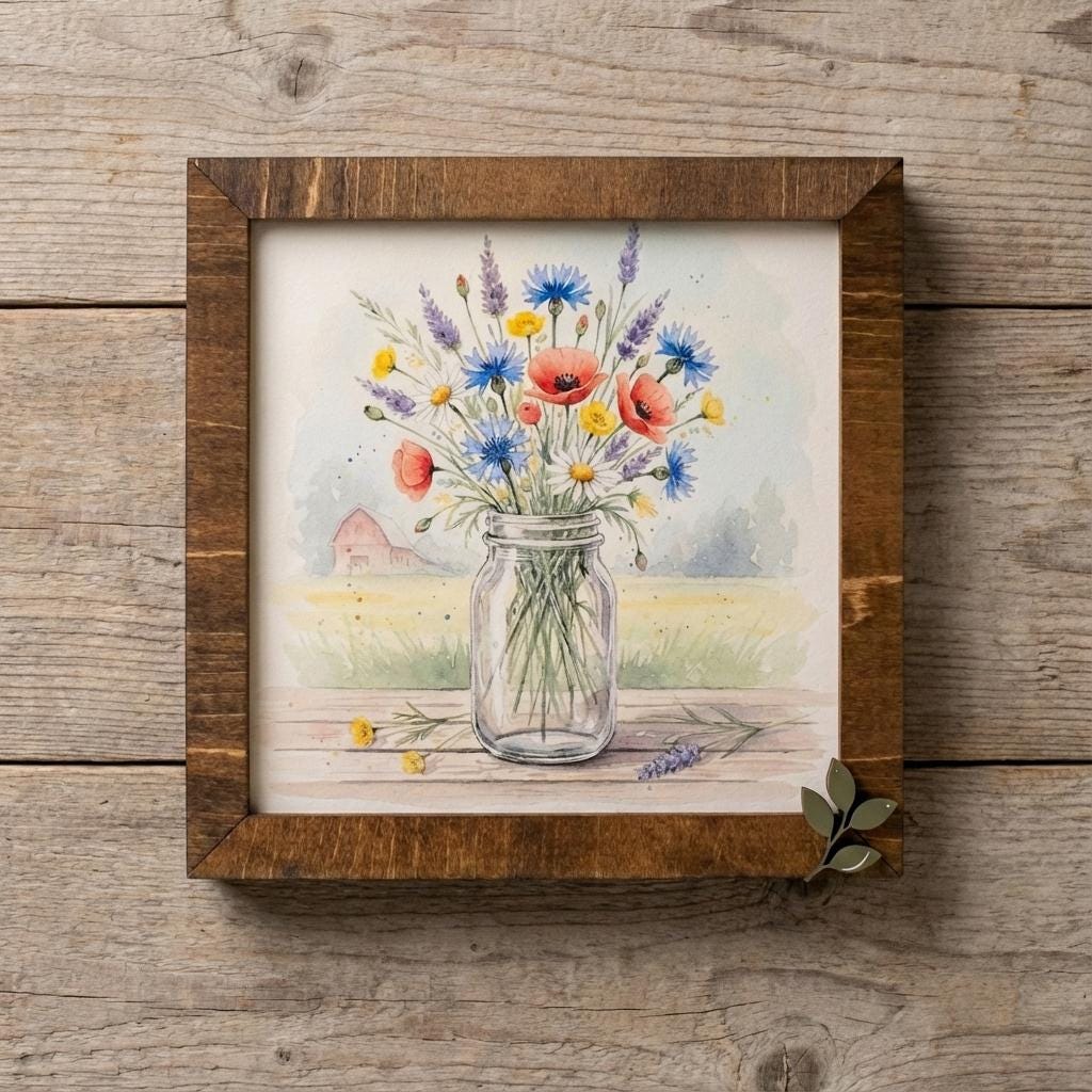 Floral Mason Jar Watercolor Wood Sign • Rustic Farmhouse Decor