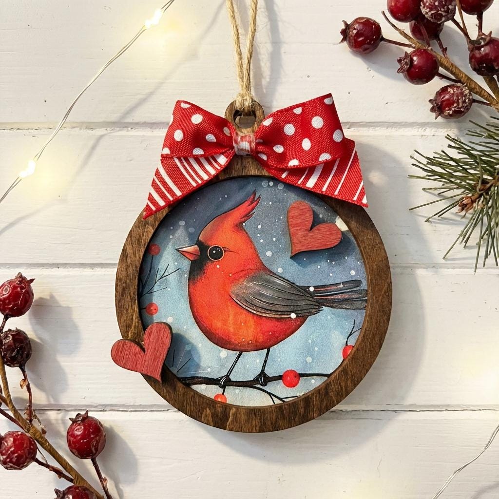 Rustic Cardinal Christmas Ornament • 3 Inch Round Wooden Ornament with Bow • Winter Bird Holiday Decor • Handmade Farmhouse Tree Ornament