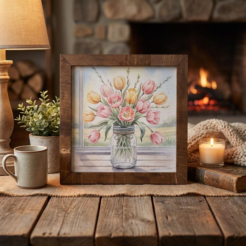 Tulip Mason Jar Wood Sign • Farmhouse Watercolor Floral Art