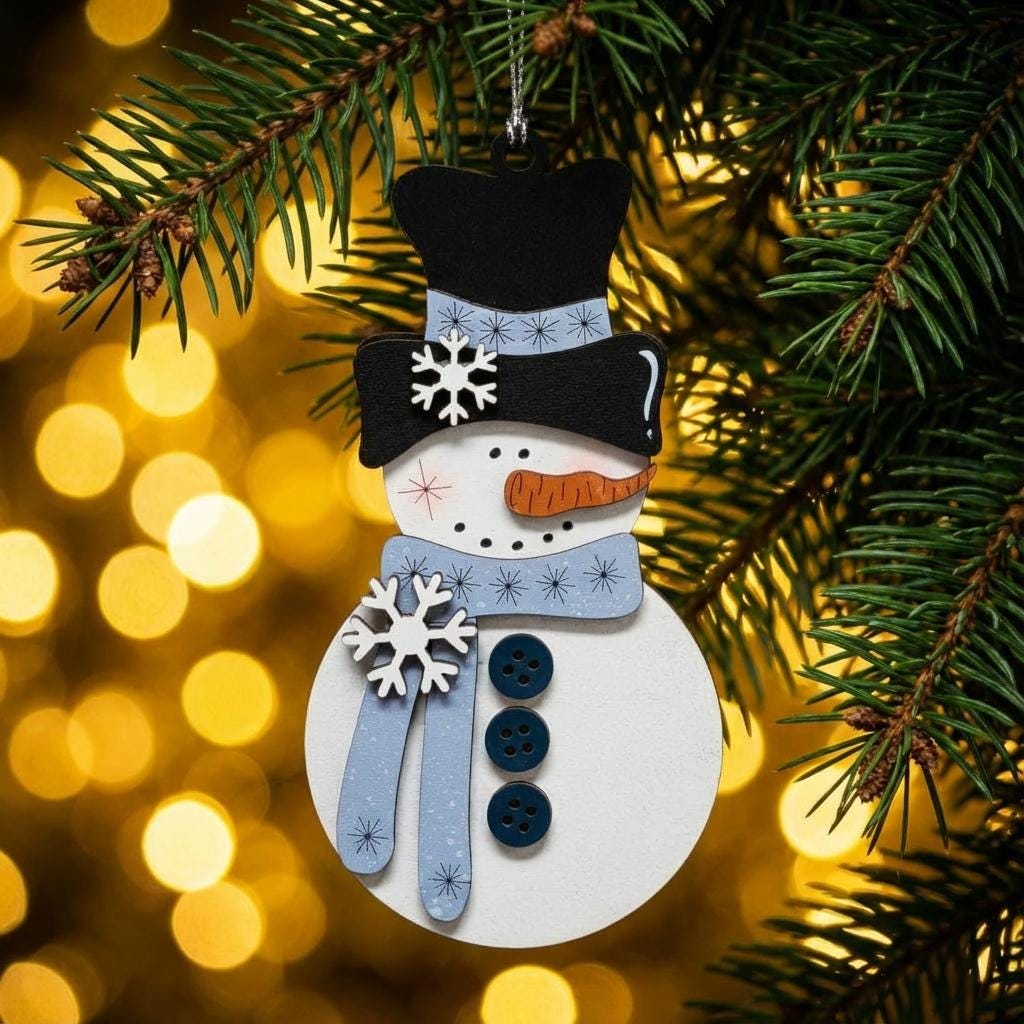 Handmade Snowman Christmas Ornament – Light Blue Scarf Rustic Winter Decor | Layered Wood Snowman | Farmhouse Holiday Ornament Gift