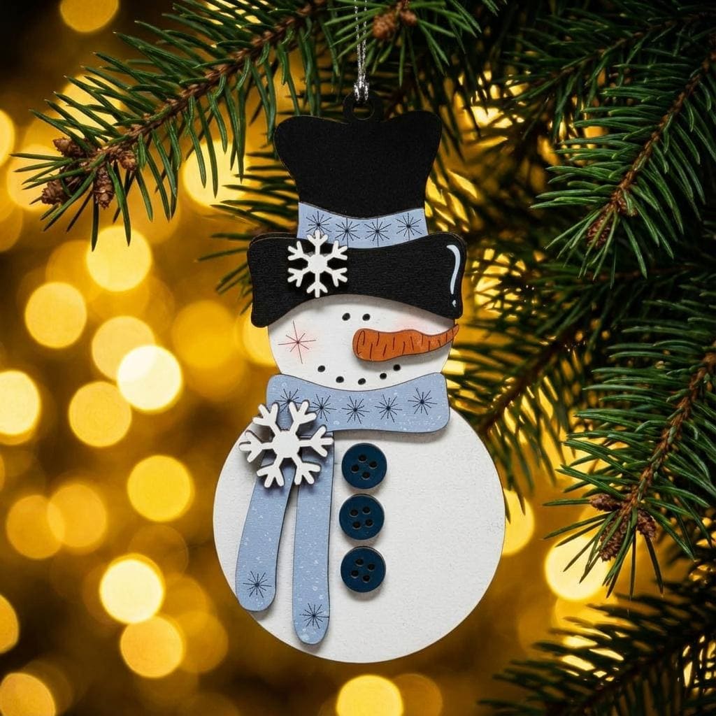 Rustic Snowman Ornament – Winter Blue Layered Wood Christmas Décor – Handmade Farmhouse Snowman, 3D Holiday Ornament, 5.5”