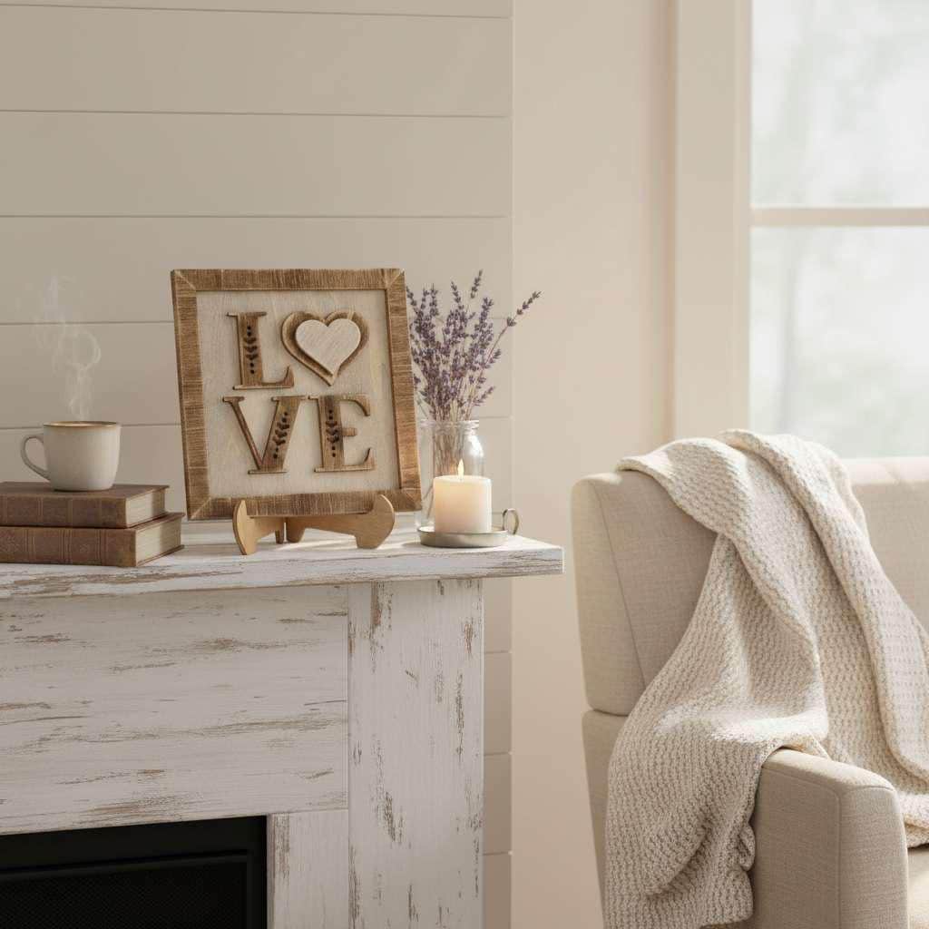 Mini LOVE Sign – 5.5” Square Shelf Decor – Rustic Farmhouse Tiered Tray Anniversary Gift Romantic Decor