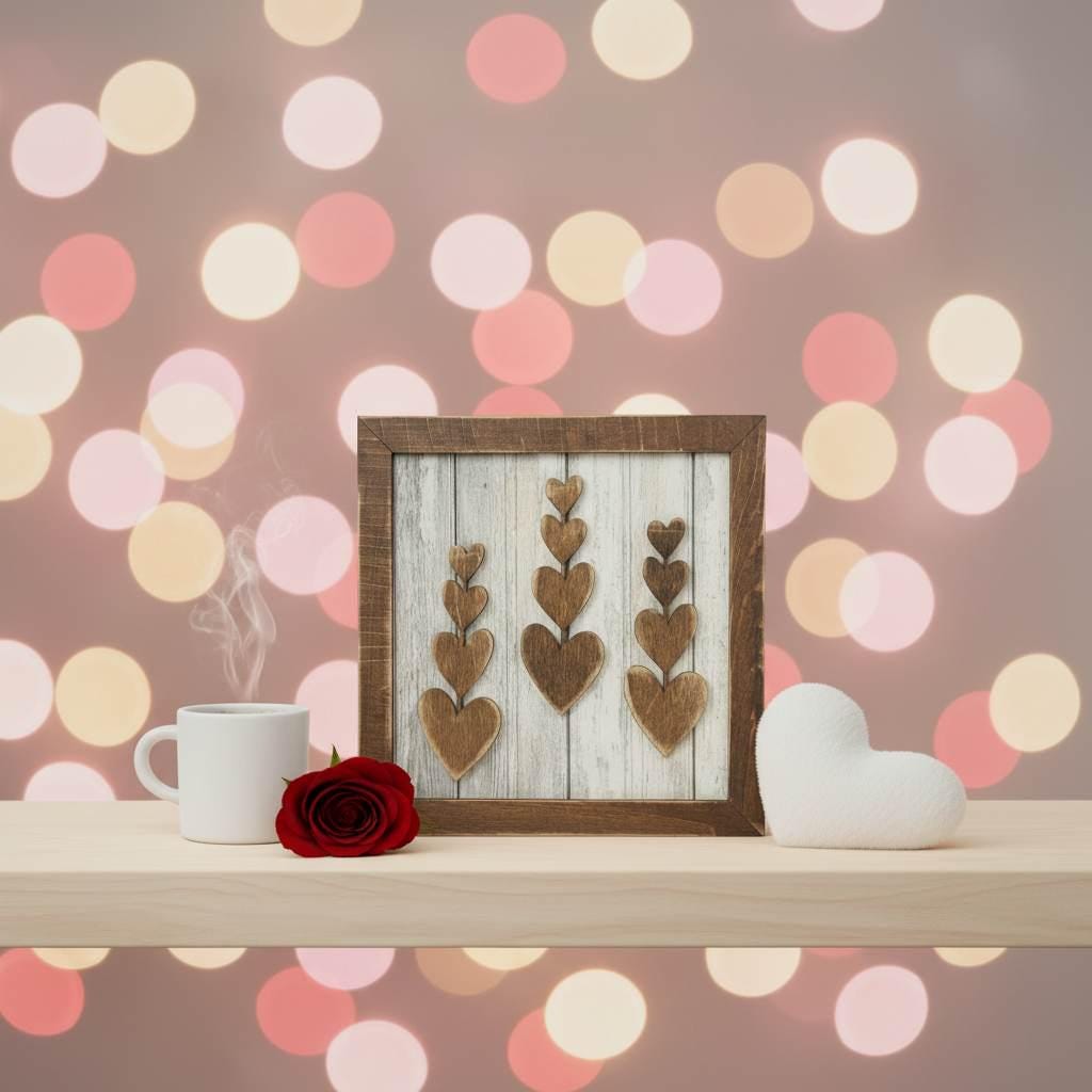 Rustic Tiered Heart Art Sign – 5.5” Square Shelf Decor – Rustic Farmhouse Tiered Tray Love Decor