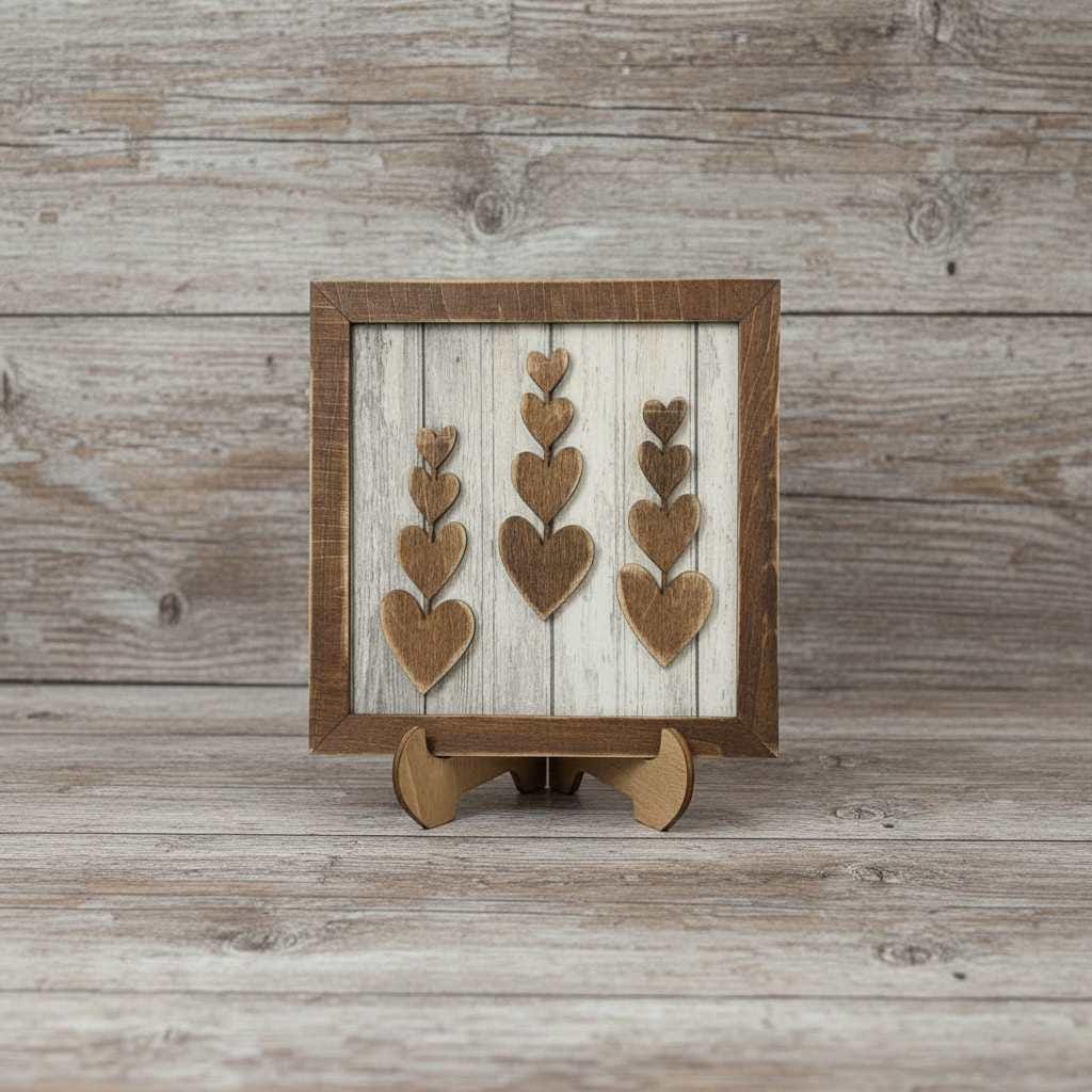 Rustic Tiered Heart Art Sign – 5.5” Square Shelf Decor – Rustic Farmhouse Tiered Tray Love Decor