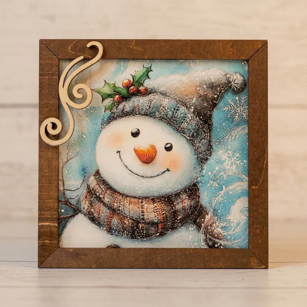Snowman Art Sign 5.5 Inch – Rustic Farmhouse Winter Decor, Framed Snowman Wall Art, Cozy Christmas Shelf Sign, Handmade Wood Art