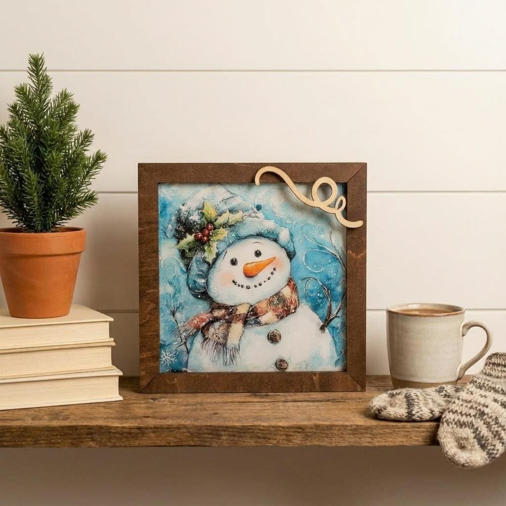 Snowman Art Sign 5.5 Inch – Rustic Farmhouse Winter Decor, Framed Snowman Wall Art, Cozy Christmas Shelf Sign, Handmade Wood Art