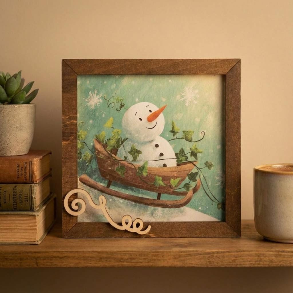 Snowman Art Sign 5.5 Inch – Rustic Farmhouse Winter Decor, Framed Snowman Wall Art, Cozy Christmas Shelf Sign, Handmade Wood Art