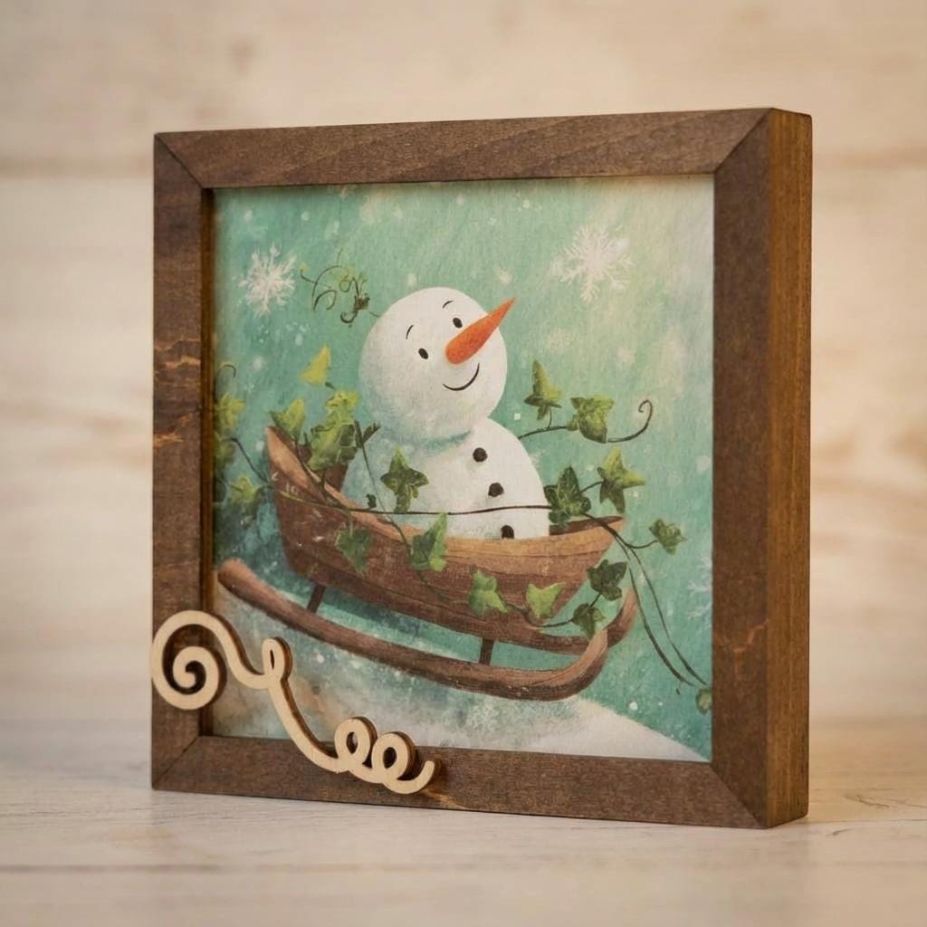 Snowman Art Sign 5.5 Inch – Rustic Farmhouse Winter Decor, Framed Snowman Wall Art, Cozy Christmas Shelf Sign, Handmade Wood Art