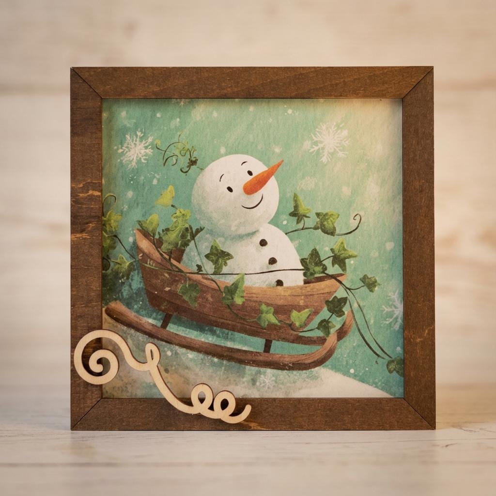 Snowman Art Sign 5.5 Inch – Rustic Farmhouse Winter Decor, Framed Snowman Wall Art, Cozy Christmas Shelf Sign, Handmade Wood Art