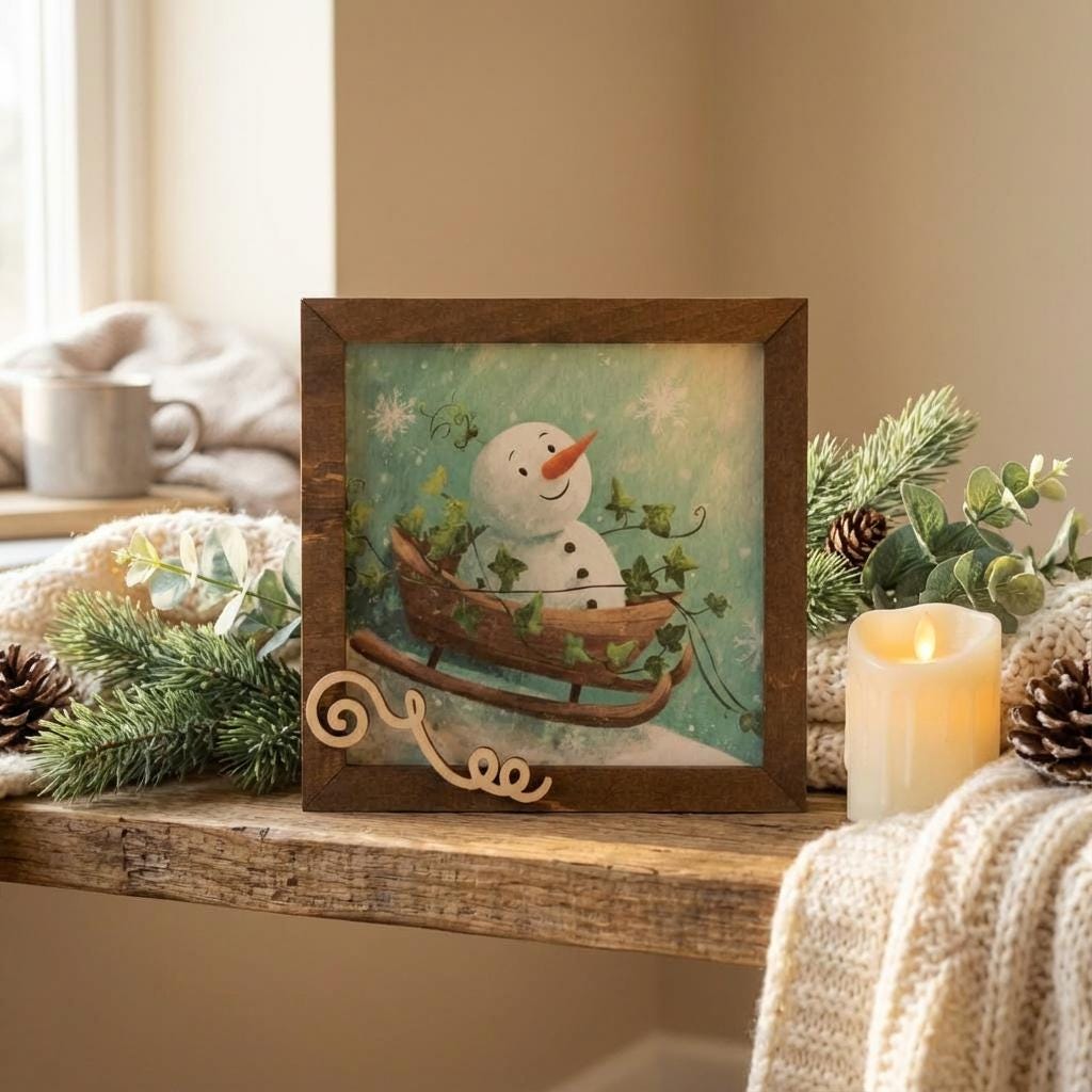 Snowman Art Sign 5.5 Inch – Rustic Farmhouse Winter Decor, Framed Snowman Wall Art, Cozy Christmas Shelf Sign, Handmade Wood Art
