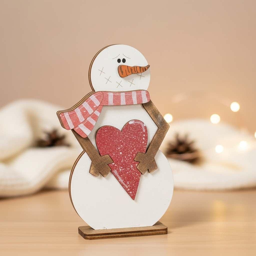 Handmade Snowman Shelf Sitter with Heart | Rustic Farmhouse Winter Decor | 7 Inch Wood Shelf Sitter