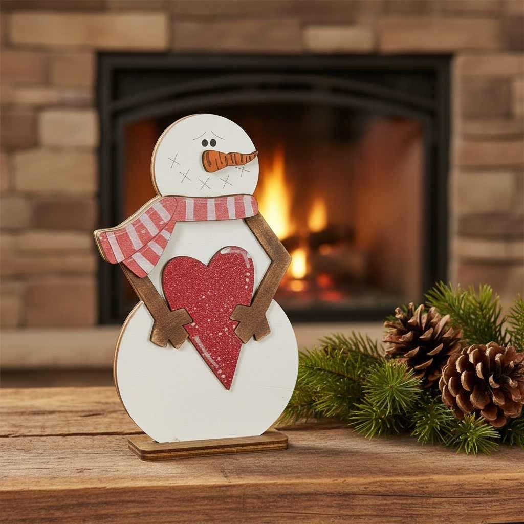Handmade Snowman Shelf Sitter with Heart | Rustic Farmhouse Winter Decor | 7 Inch Wood Shelf Sitter
