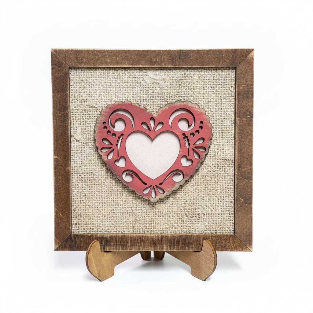 May include: A wooden picture frame with a red heart cutout design. The heart is centered on a burlap background, framed by a dark brown wooden border. The frame is supported by a small wooden easel.