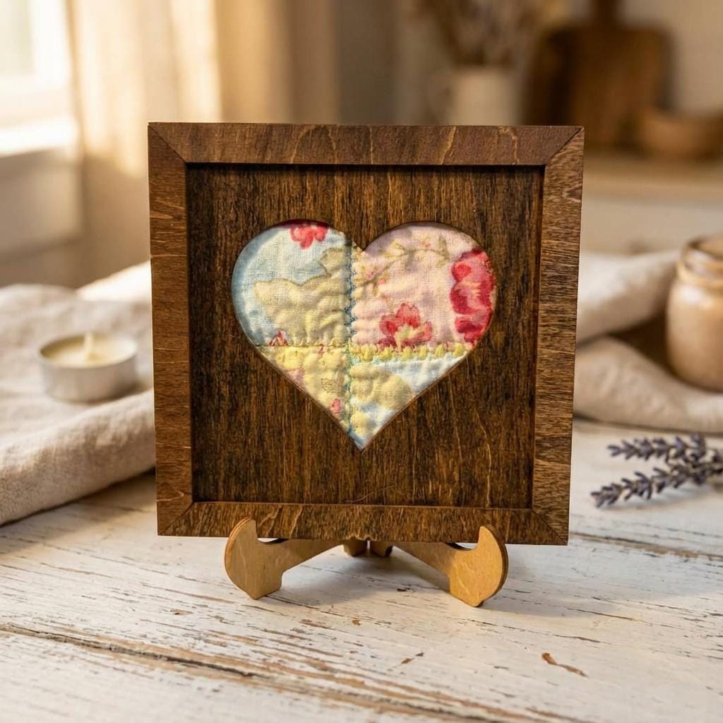 Reclaimed Quilt Heart Wood Sign and Easel – 5.5 Inch Rustic Valentine Decor – Handmade Quilt Fabric Heart – Farmhouse Home Decor