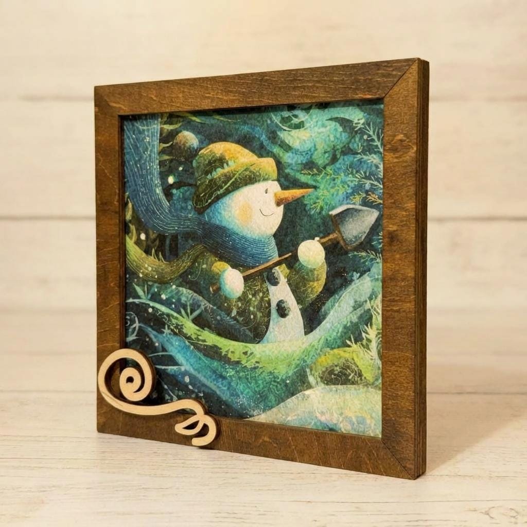Snowman Art Sign 5.5 Inch – Rustic Farmhouse Winter Decor, Framed Snowman Wall Art, Cozy Christmas Shelf Sign, Handmade Wood Art