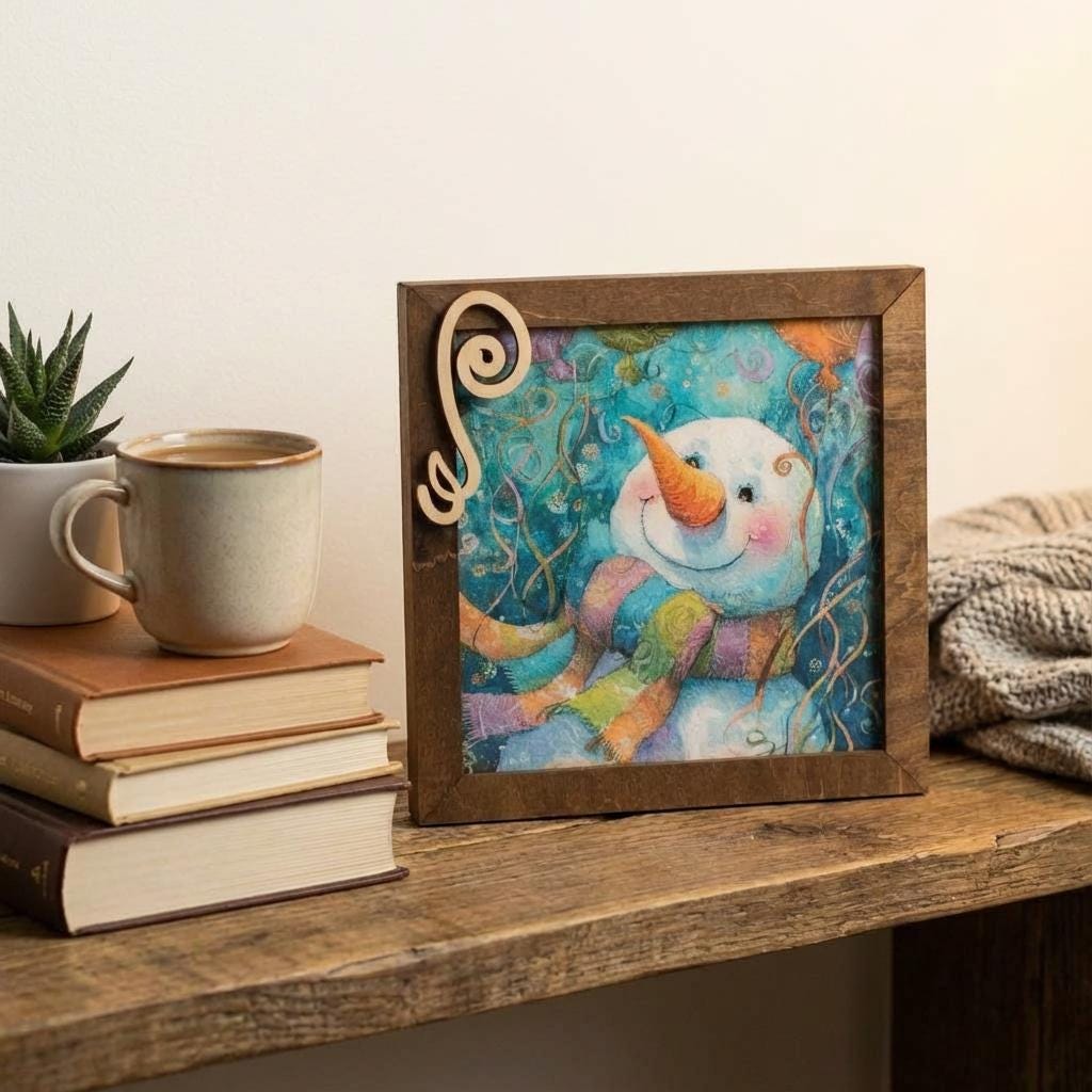 Snowman Art Sign 5.5 Inch – Rustic Farmhouse Winter Decor, Framed Snowman Wall Art, Cozy Christmas Shelf Sign, Handmade Wood Art