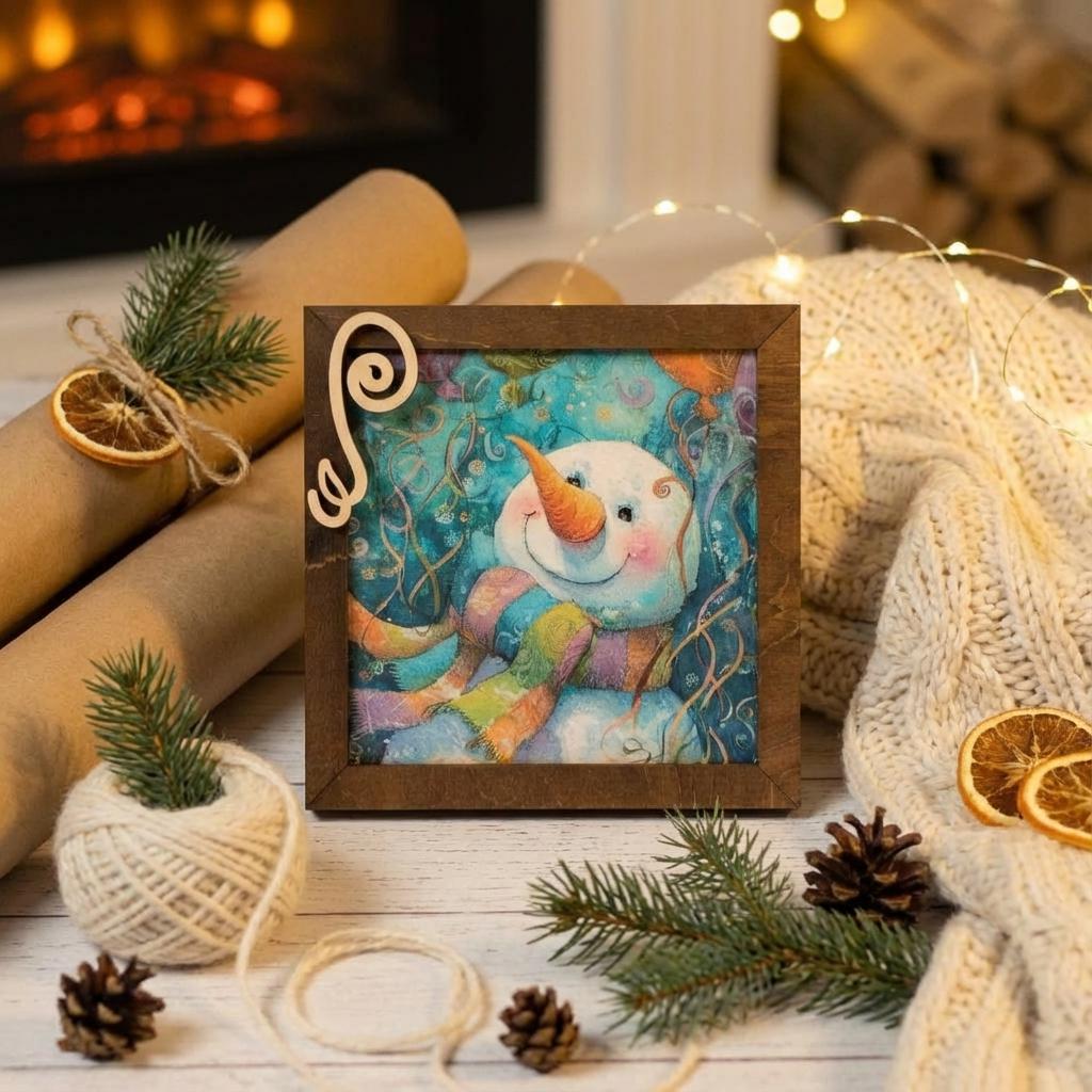 Snowman Art Sign 5.5 Inch – Rustic Farmhouse Winter Decor, Framed Snowman Wall Art, Cozy Christmas Shelf Sign, Handmade Wood Art