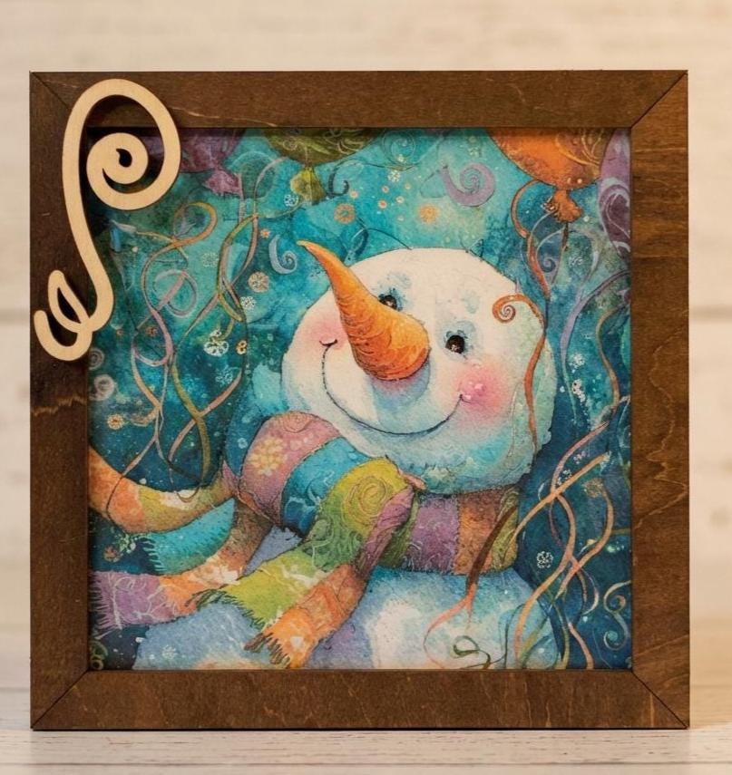 Snowman Art Sign 5.5 Inch – Rustic Farmhouse Winter Decor, Framed Snowman Wall Art, Cozy Christmas Shelf Sign, Handmade Wood Art