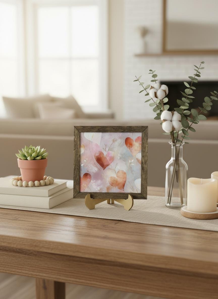 Floral Heart Framed Art, Rustic Farmhouse Shelf Decor, 5.5 Inch