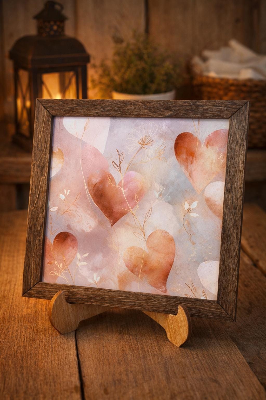 Floral Heart Framed Art, Rustic Farmhouse Shelf Decor, 5.5 Inch
