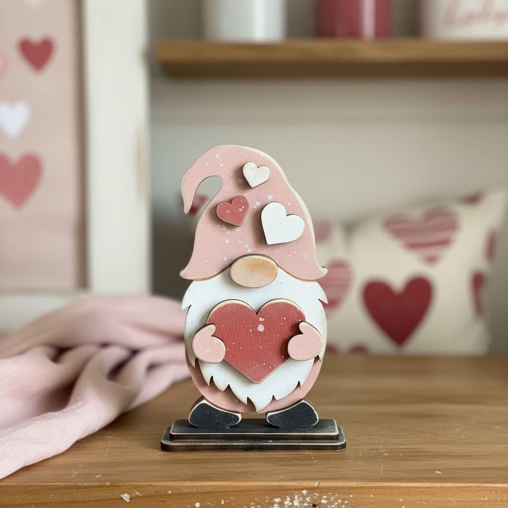 Heart Gnome Shelf Sitter – Handmade Rustic Farmhouse Decor – Wooden Gnome with Heart Accent