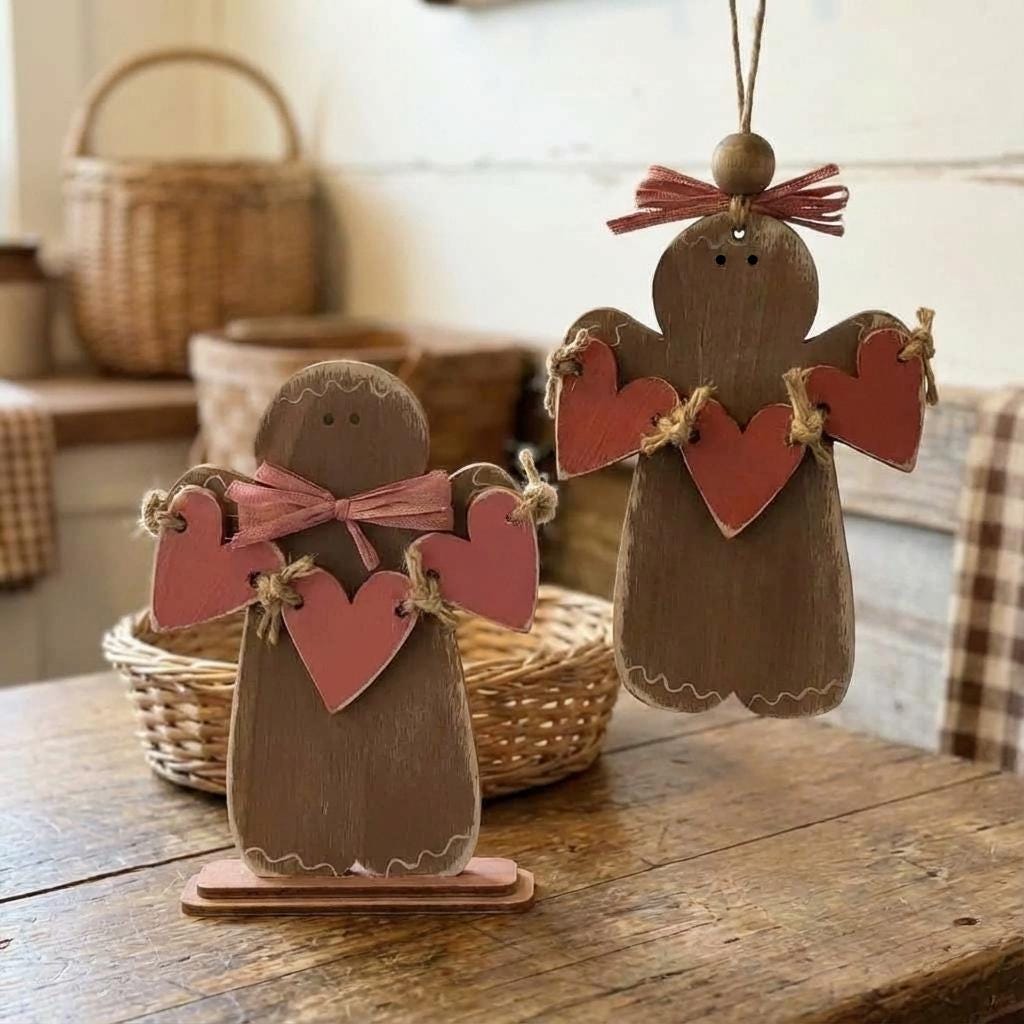 Heart Decorations – Rustic Gingerbread with Heart Banner - Shelf Sitter or Ornament