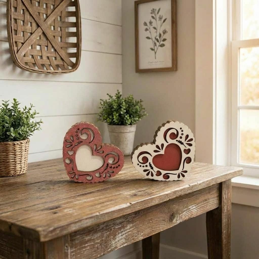 Mini Reversible Lacy Heart Decor – Rustic Romantic Shelf Sitter – Tiered Tray or Basket Stuffer