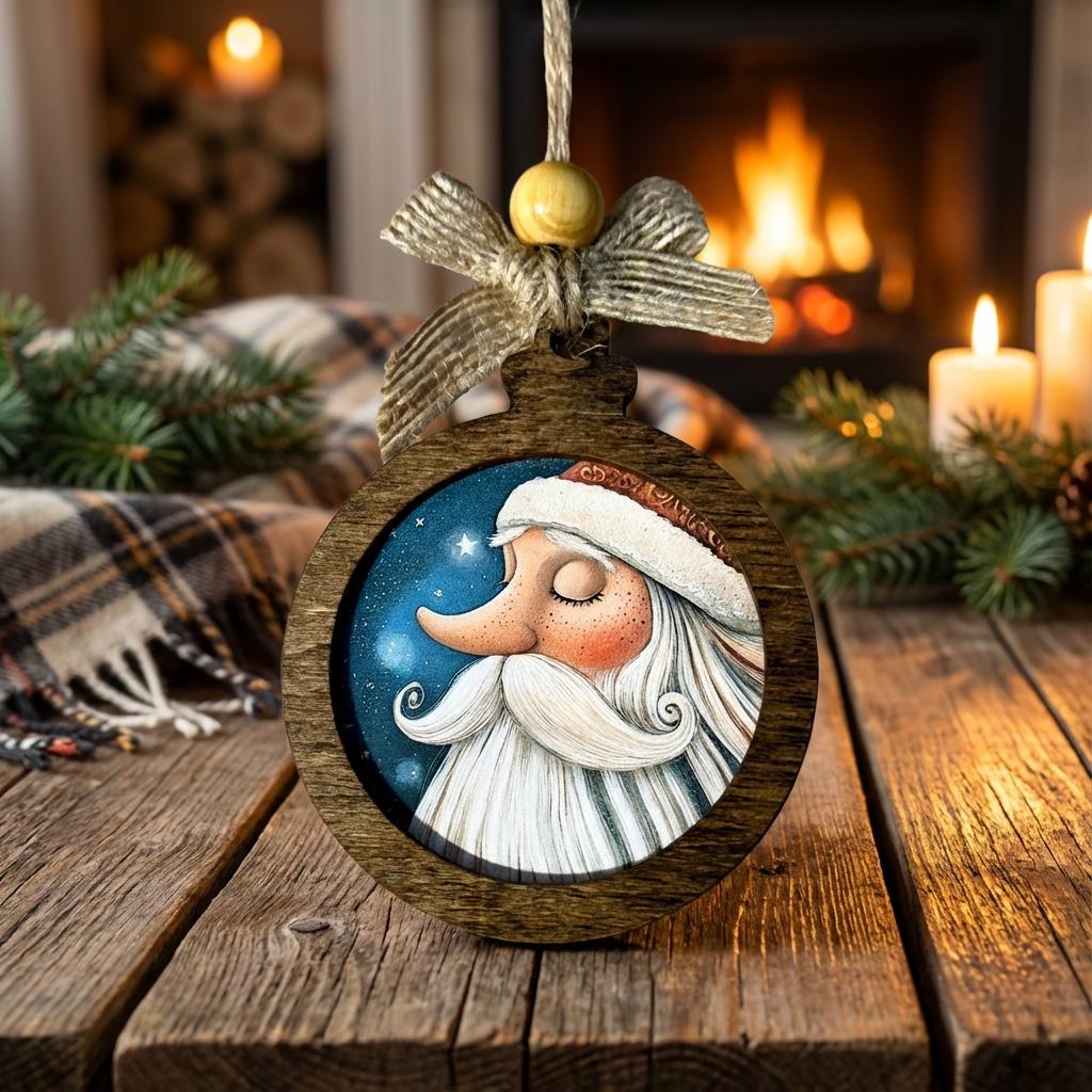 Rustic Santa Ornament Set of 4, Handcrafted Wood Christmas Ornaments, Farmhouse Holiday Decor, Santa Face Ornament Gift Set