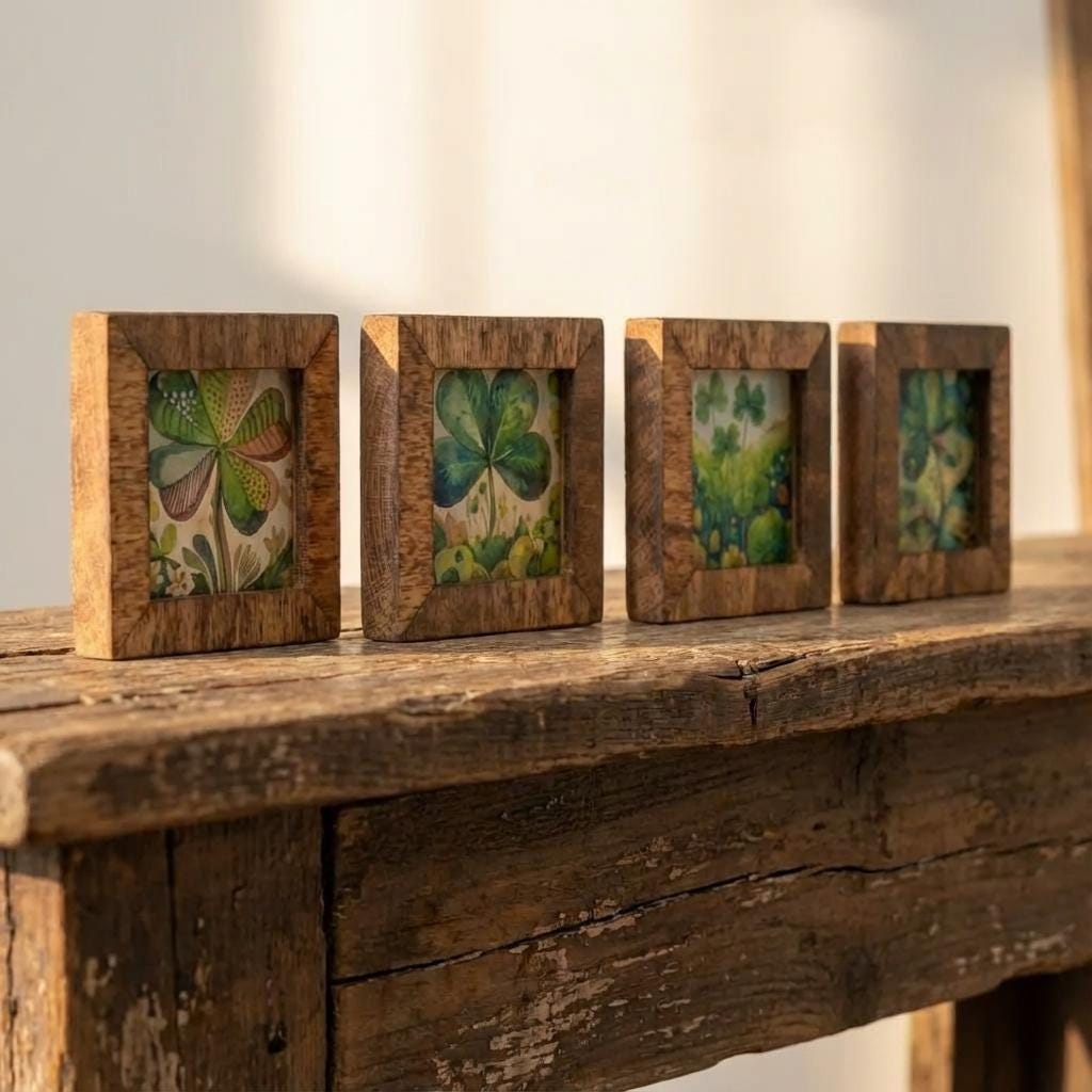 Rustic Wood Fridge Magnets Set of 4 | Handmade Farmhouse Magnet Decor | Clover Art Mini Wood Frames | Strong Flush Magnets St Patricks Day