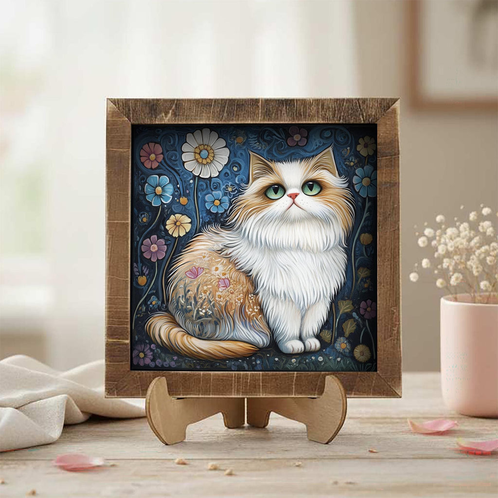 5.5” Framed Cat Art & Easel – Whimsical Folk Art Floral Cat, Rustic Farmhouse Shelf Decor, Cozy Cottage Home Accent