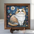 5.5” Framed Cat Art & Easel – Whimsical Folk Art Floral Cat, Rustic Farmhouse Shelf Decor, Cozy Cottage Home Accent