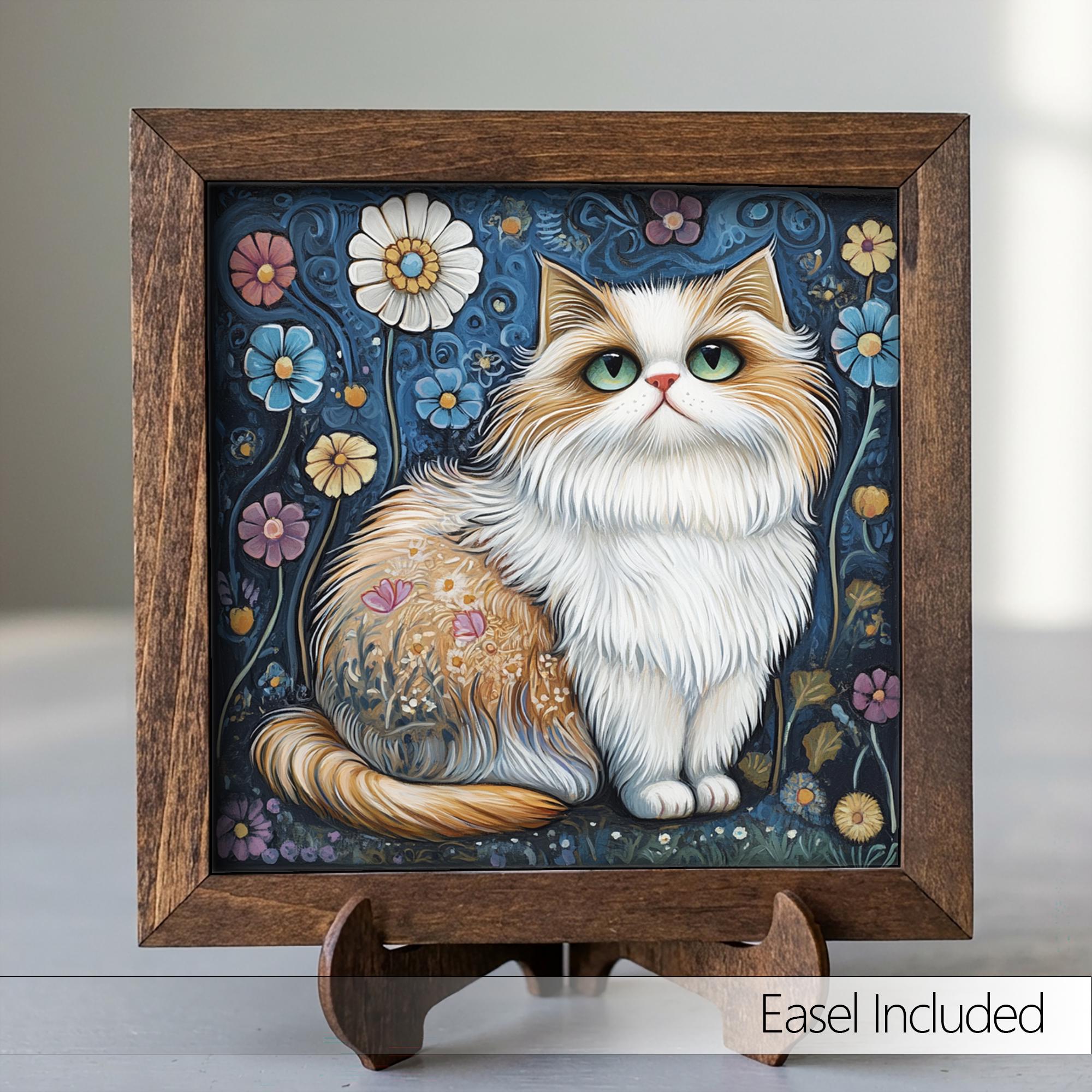 5.5” Framed Cat Art & Easel – Whimsical Folk Art Floral Cat, Rustic Farmhouse Shelf Decor, Cozy Cottage Home Accent