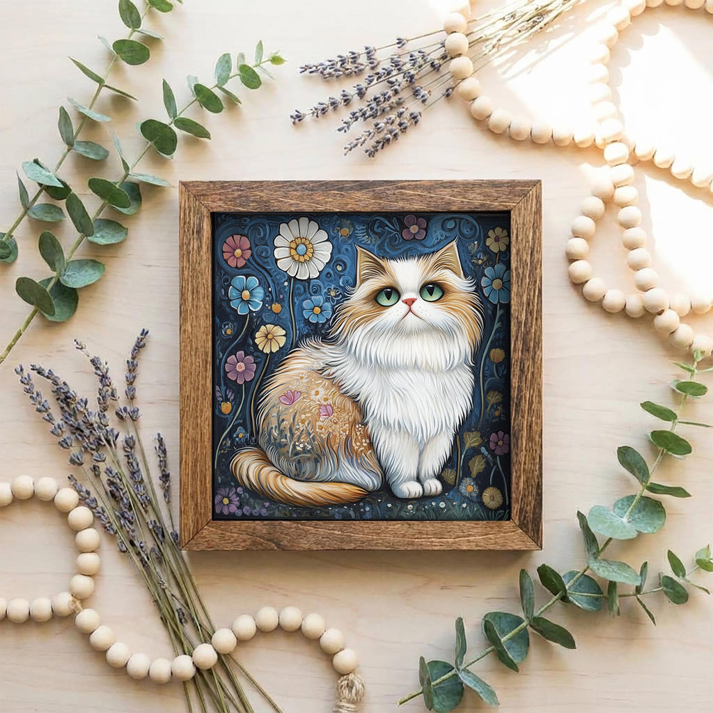 5.5” Framed Cat Art & Easel – Whimsical Folk Art Floral Cat, Rustic Farmhouse Shelf Decor, Cozy Cottage Home Accent