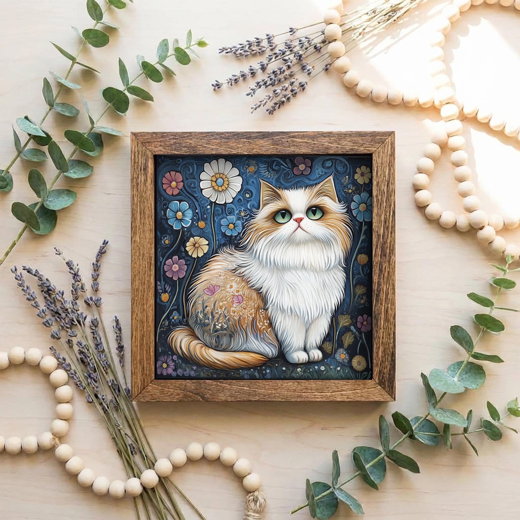 5.5” Framed Cat Art & Easel – Whimsical Folk Art Floral Cat, Rustic Farmhouse Shelf Decor, Cozy Cottage Home Accent