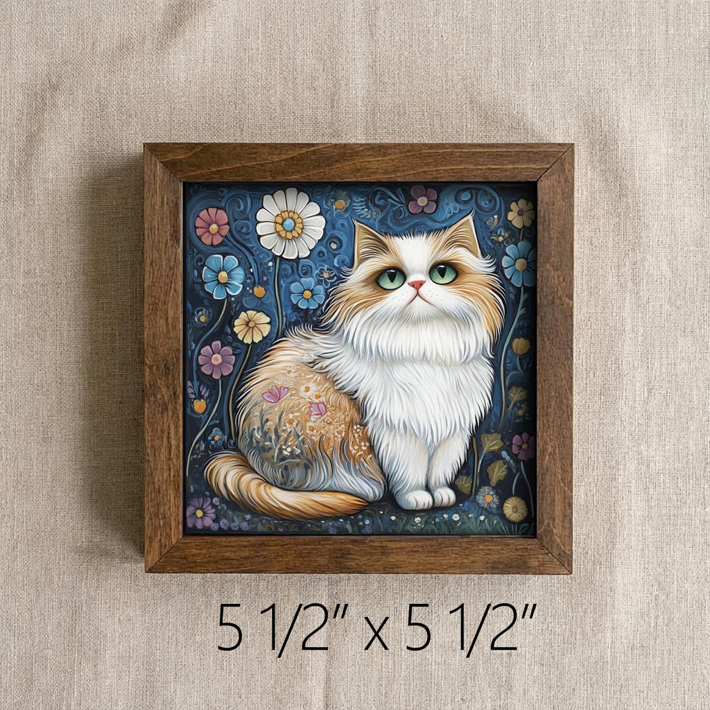 5.5” Framed Cat Art & Easel – Whimsical Folk Art Floral Cat, Rustic Farmhouse Shelf Decor, Cozy Cottage Home Accent