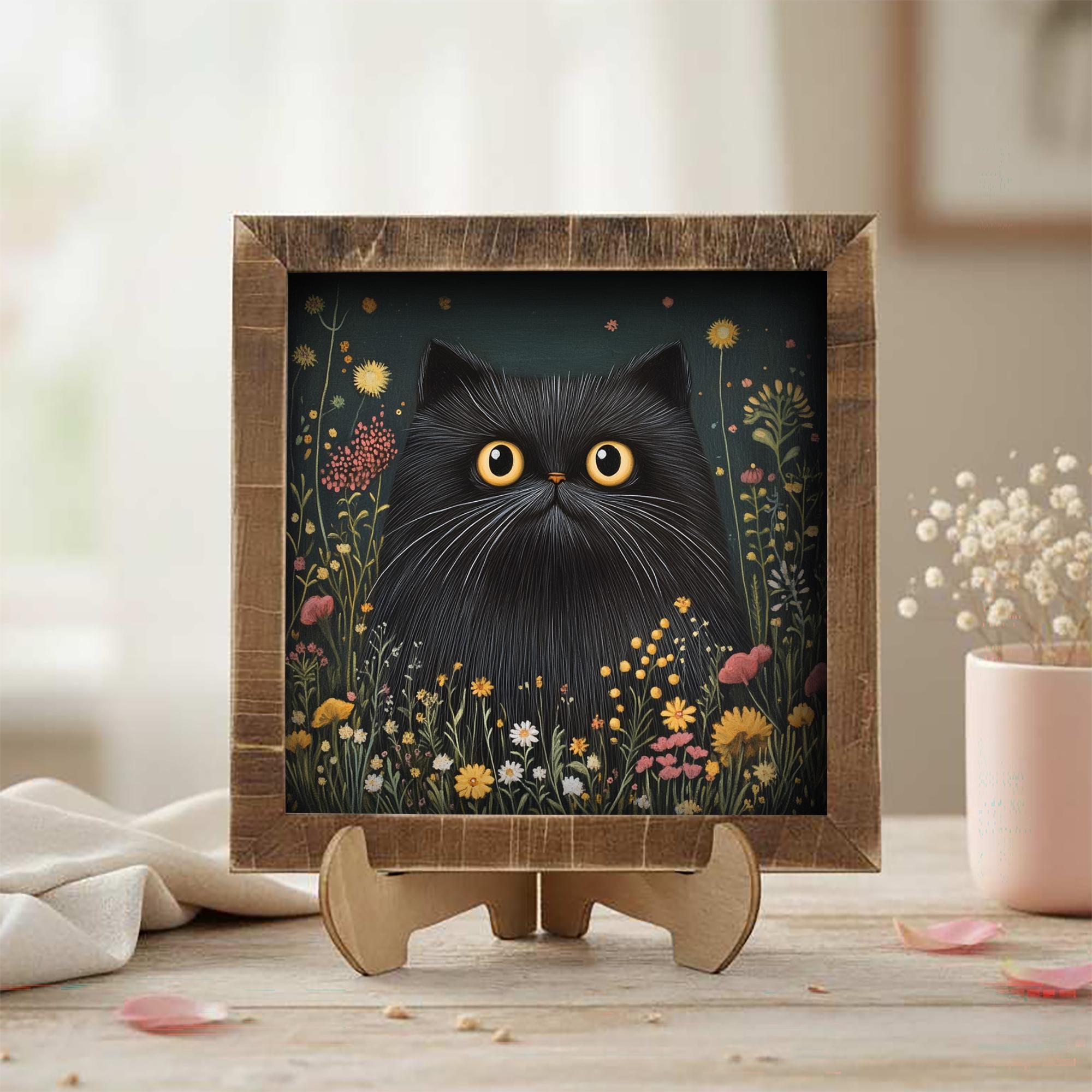 5.5” Framed Cat Art & Easel – Whimsical Folk Art Floral Black Cat, Rustic Farmhouse Shelf Decor, Cozy Cottage Home Accent